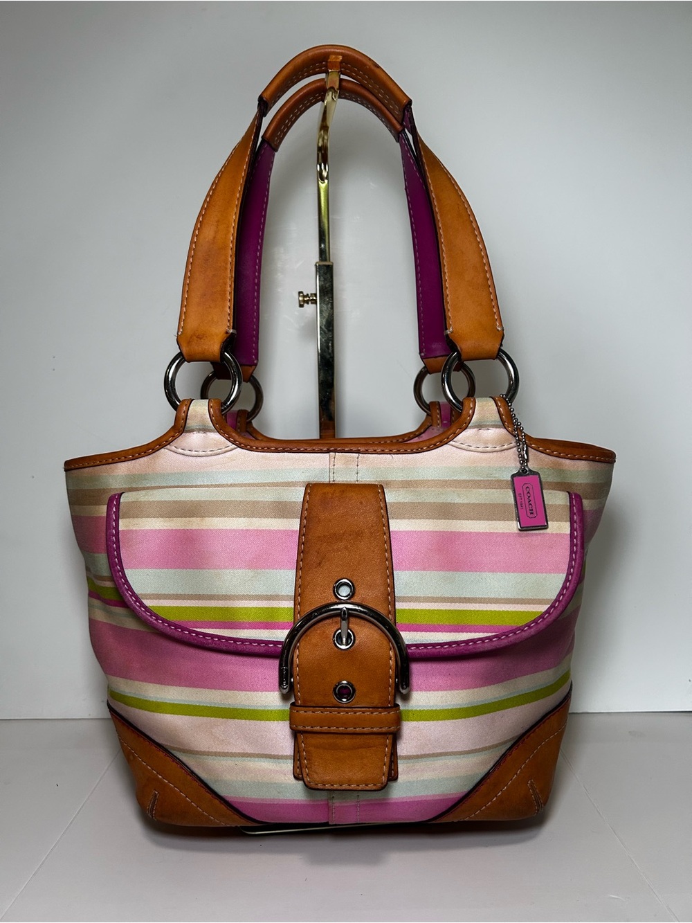 Vintage COACH Hamptons Soho Striped Canvas Shoulder Bag Purse Y2K Pastel 1889